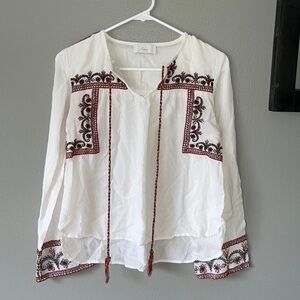 braeve White Long Sleeve Blouse with Red & Black Embroidered Detail
